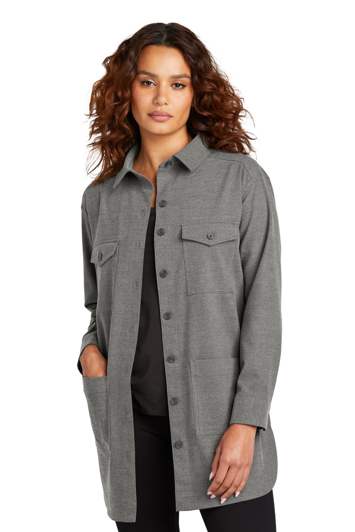 Mercer+Mettle women's long sleeve twill overshirt in light anchorage grey heather, front view on model.
