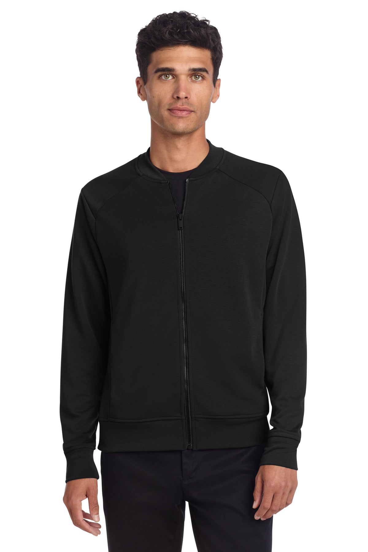 Front view of Mercer+Mettle Double-Knit Bomber MM3000 in deep black, showing the sleek design and ribbed collar.