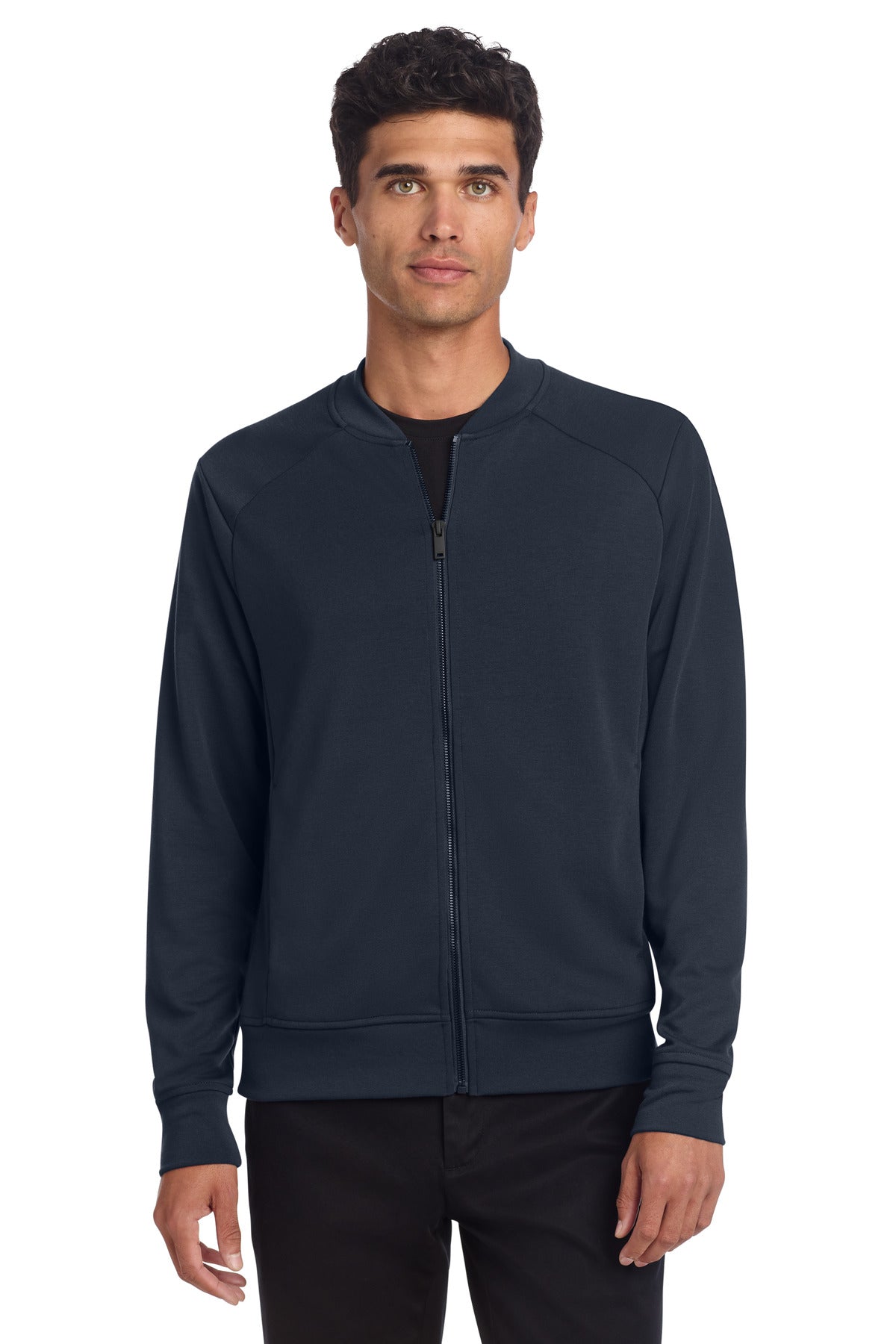Mercer+Mettle Double-Knit Bomber MM3000 in night navy, front view on a model showing the sleek, fitted design.