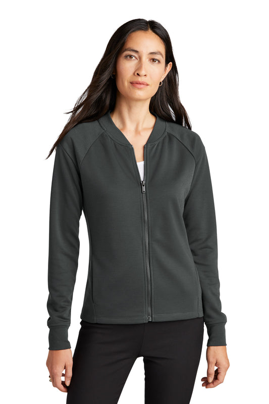 Front view of Mercer+Mettle Women's Double-Knit Bomber jacket in anchor grey, showcasing its stylish design and comfortable fit.