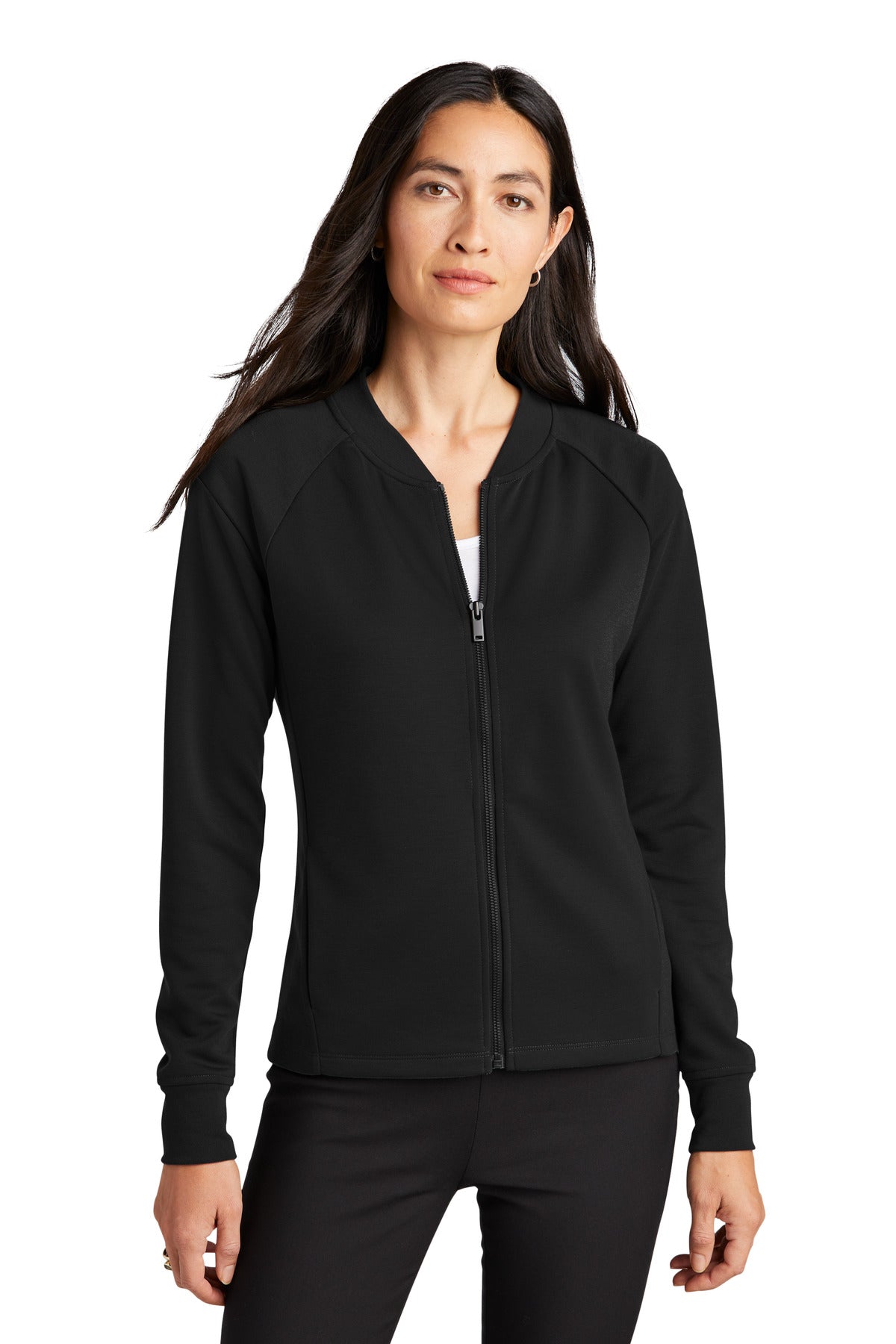 Mercer+Mettle women's double-knit bomber jacket in deep black, front view featuring a sleek, modern design and ribbed cuffs.