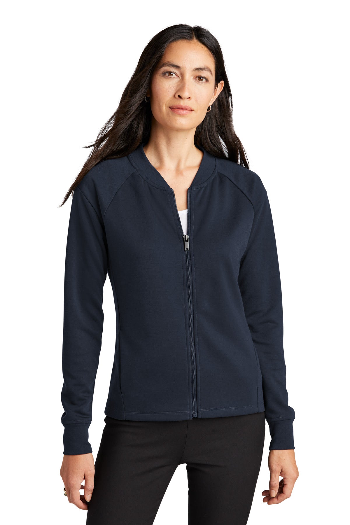 Mercer+Mettle Women's double-knit bomber jacket in night navy, shown from the front on a model.