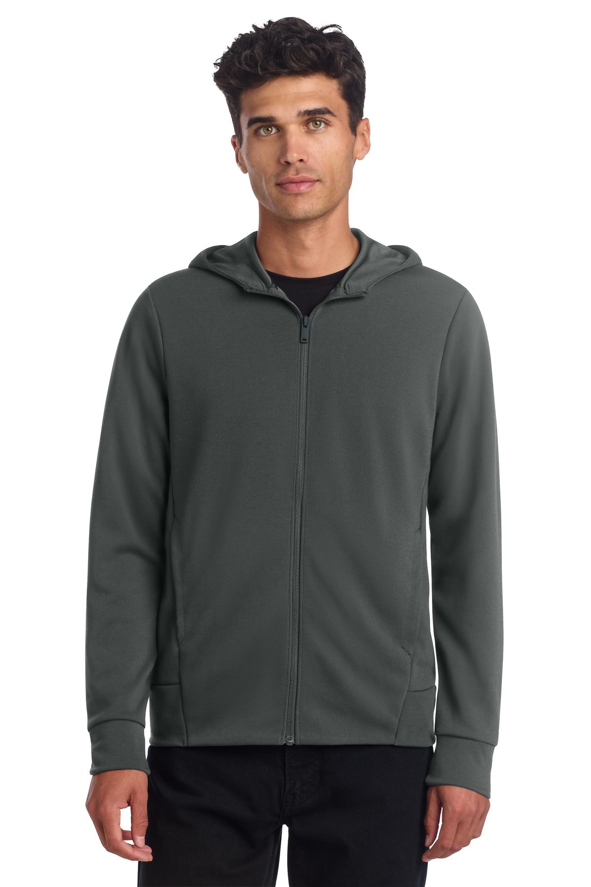 Mercer+Mettle double-knit full-zip hoodie MM3002 in anchor grey worn by a model, front view showing hoodie and zipper.
