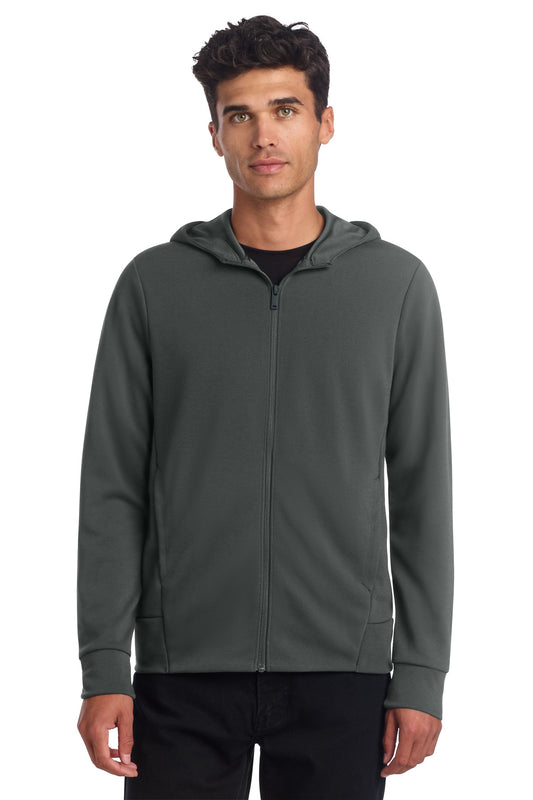 Mercer+Mettle double-knit full-zip hoodie MM3002 in anchor grey worn by a model, front view showing hoodie and zipper.