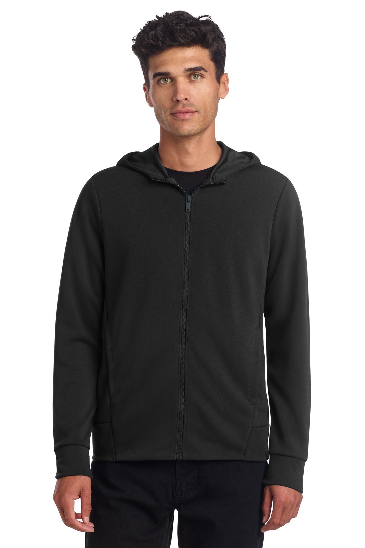 Mercer+Mettle double-knit full-zip hoodie in deep black, front view on a model, showcasing the casual, comfortable design.