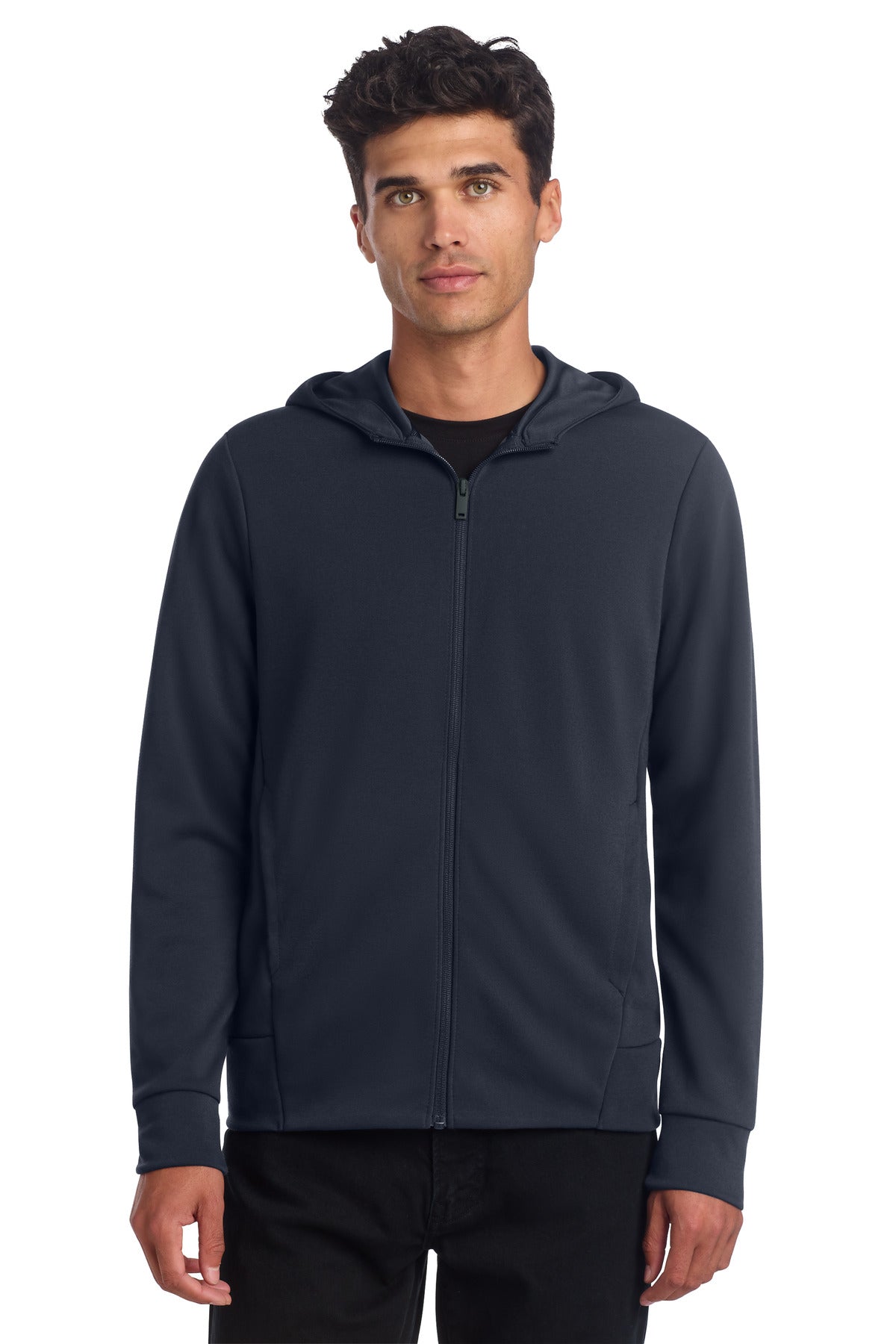 Mercer+Mettle double-knit full-zip hoodie in night navy, model wearing front view showcasing the hoodie’s design and fit.