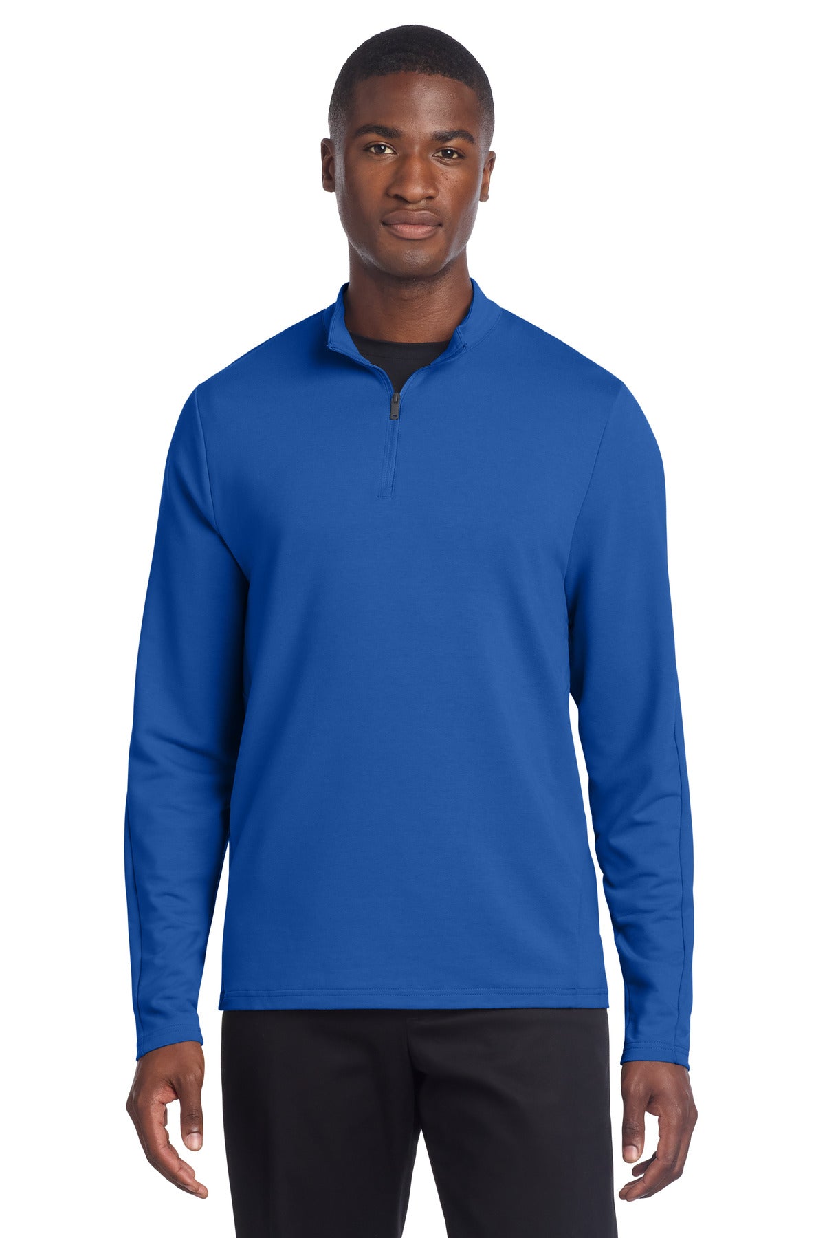 Mercer+Mettle Stretch 1/4-Zip Pullover in BlueNote, front view showing lightweight fabric and quarter-zip collar.