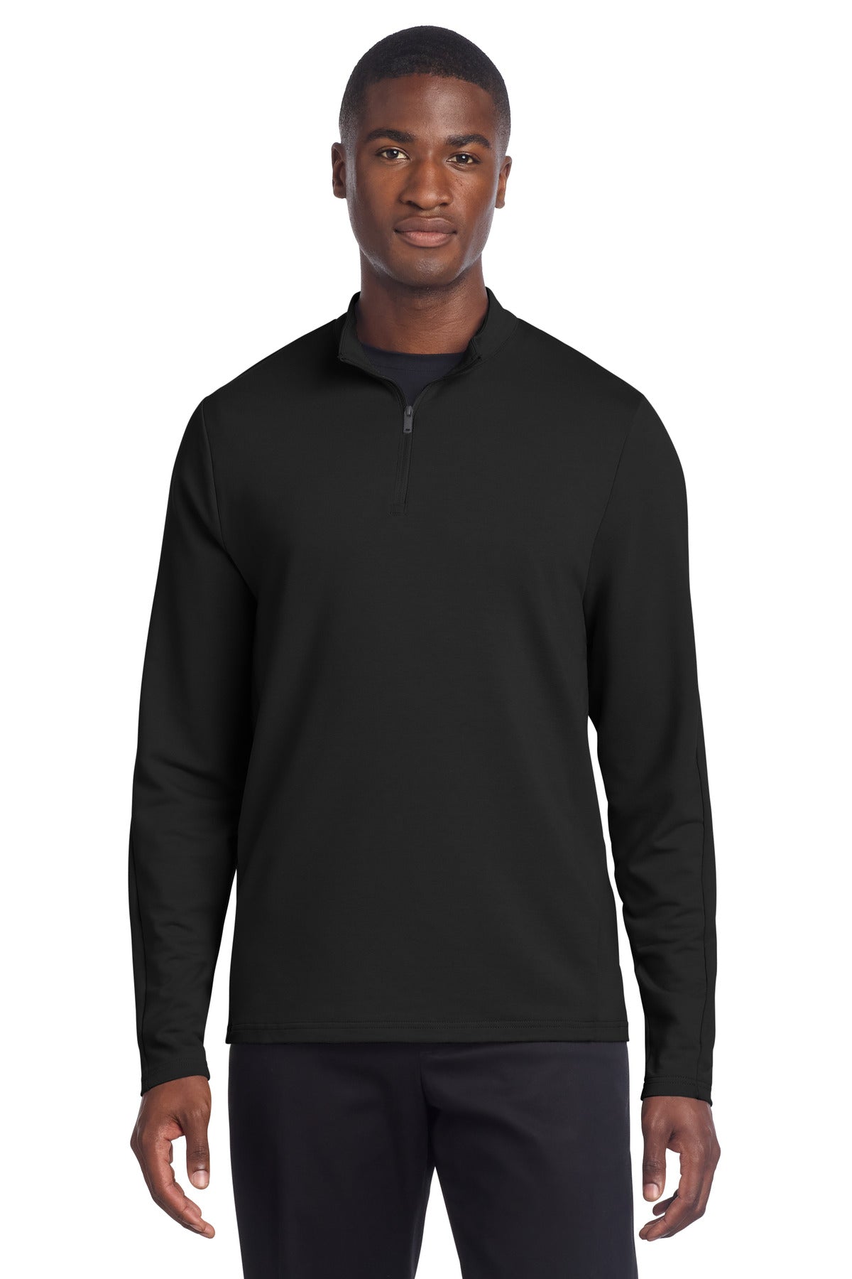 Mercer+Mettle stretch 1/4-zip pullover in deep black, front view on a model, showcasing its sleek fit and high-quality fabric.
