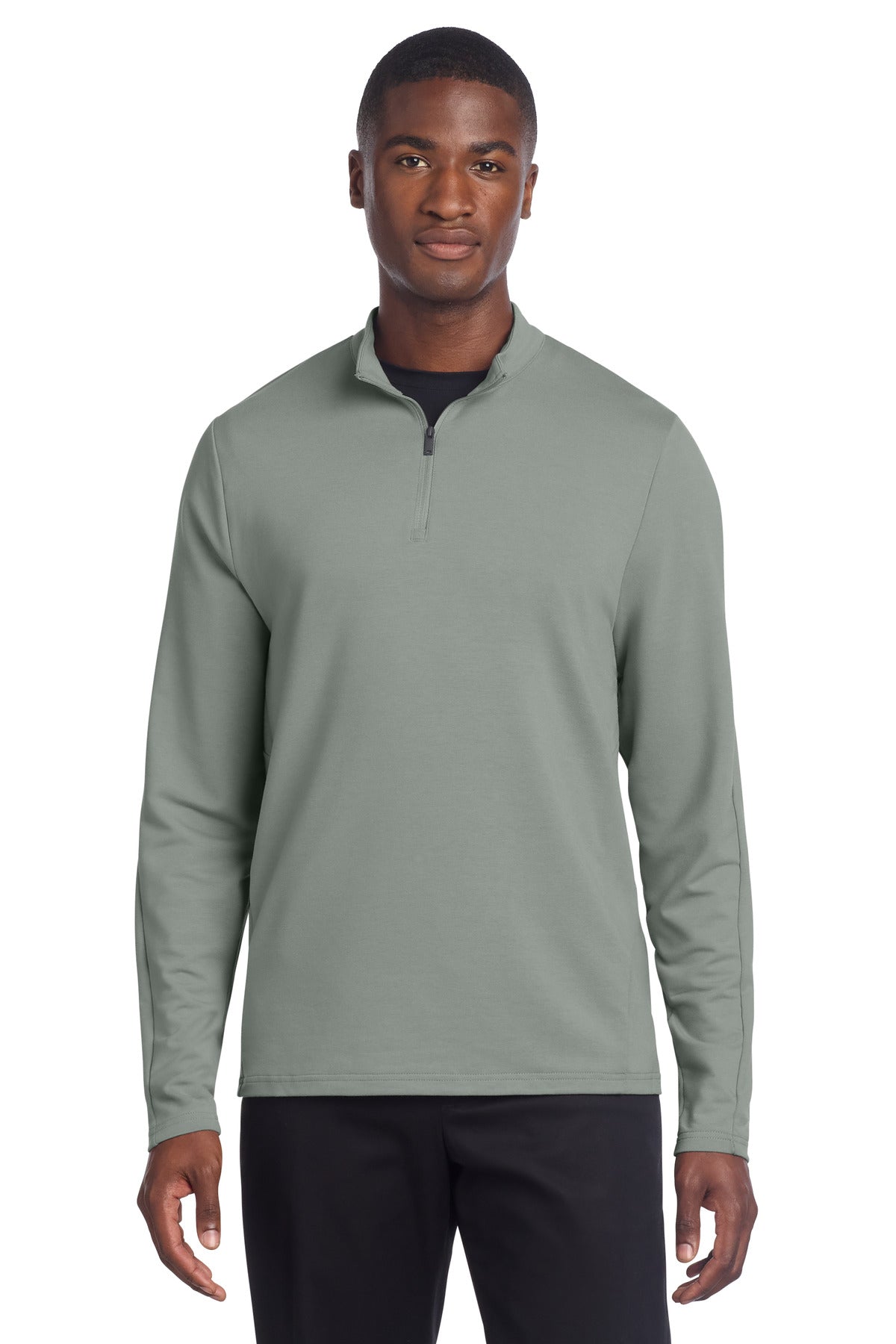Mercer+Mettle men's stretch 1/4-zip pullover in gusty grey, front view showing lightweight, fitted athletic design