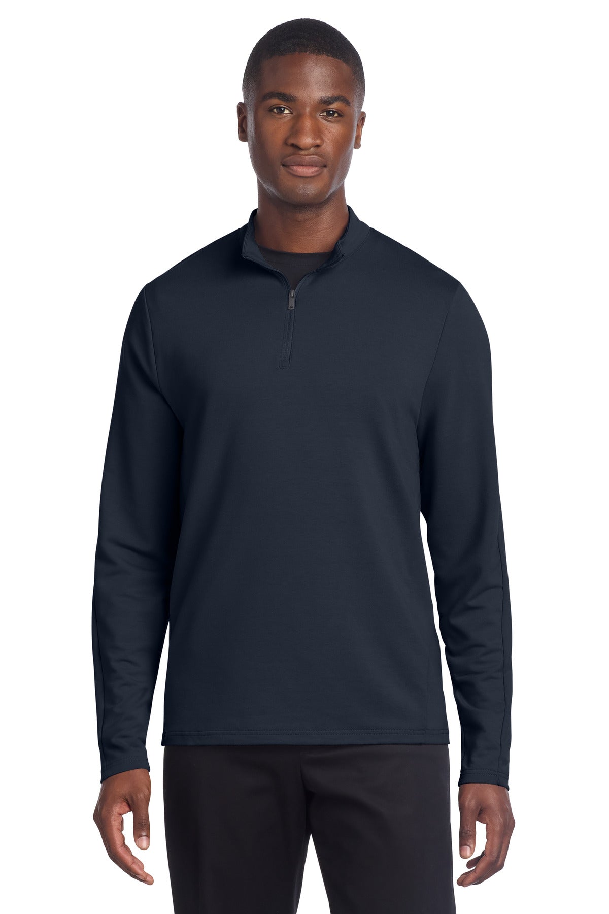 Mercer+Mettle stretch 1/4-zip pullover in night navy, front view on a model, showcasing its fit and design details.