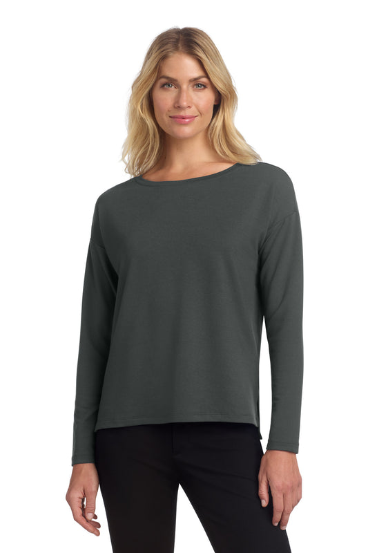 Front view of Mercer+Mettle women's stretch drop shoulder pullover in anchorgrey, showcasing a relaxed fit and soft fabric.