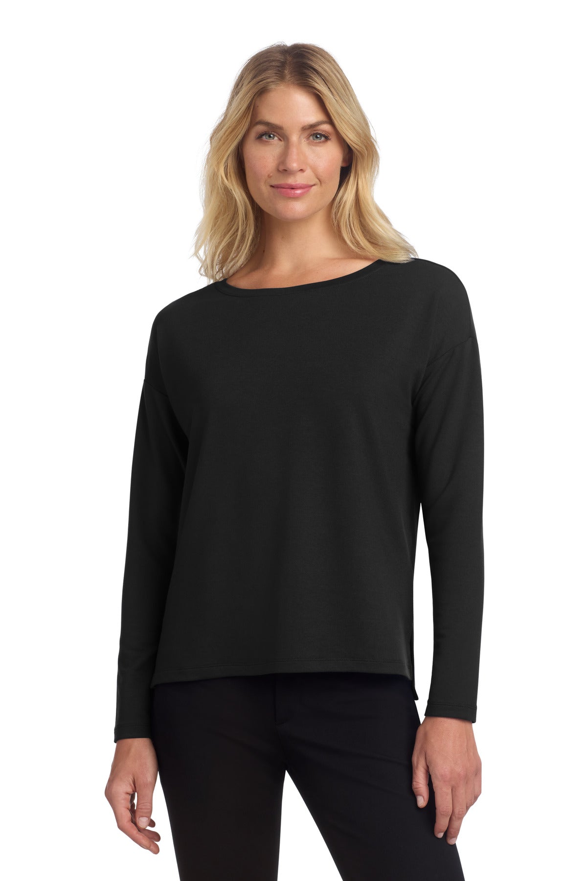 Mercer+Mettle women's black stretch drop shoulder pullover, front view on model. Comfortable, casual women's clothing.