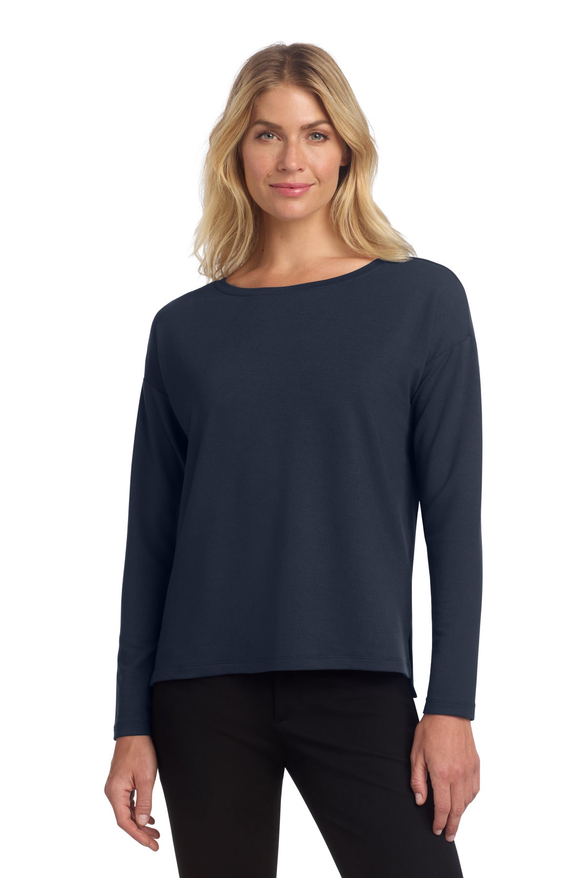 Mercer+Mettle women's stretch drop shoulder pullover in night navy, front view on model showing relaxed fit and soft fabric.
