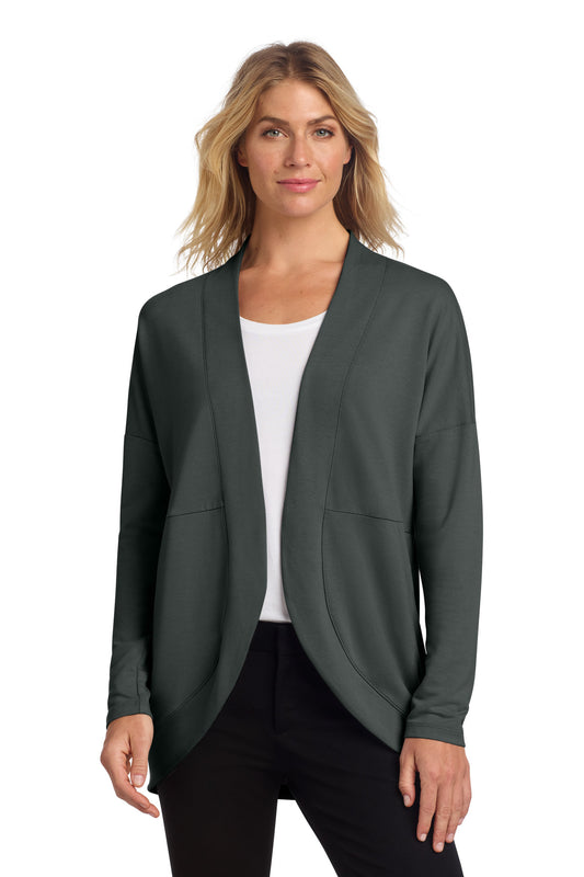 Mercer+Mettle women's stretch open-front cardigan in anchor grey, displayed on a model showing the front view.