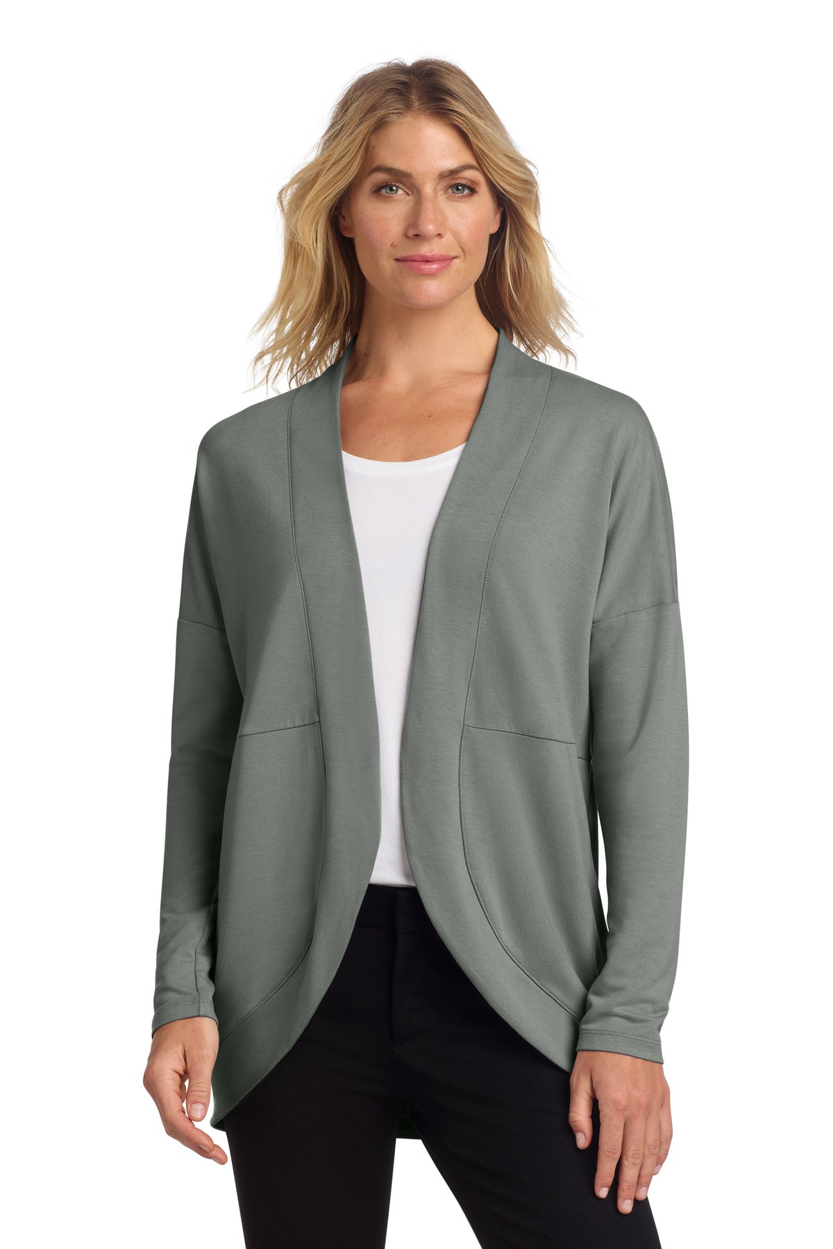 Mercer+Mettle women's stretch open-front cardigan in gusty grey, shown on a model with front view.