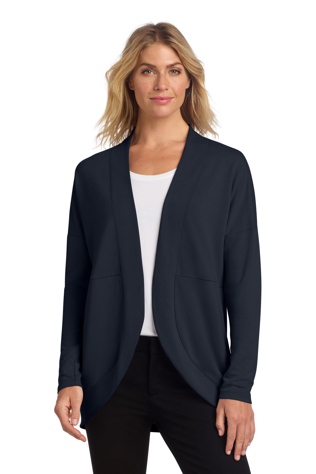 Mercer+Mettle women's stretch open-front cardigan in night navy, styled on a model with long sleeves and a relaxed fit.