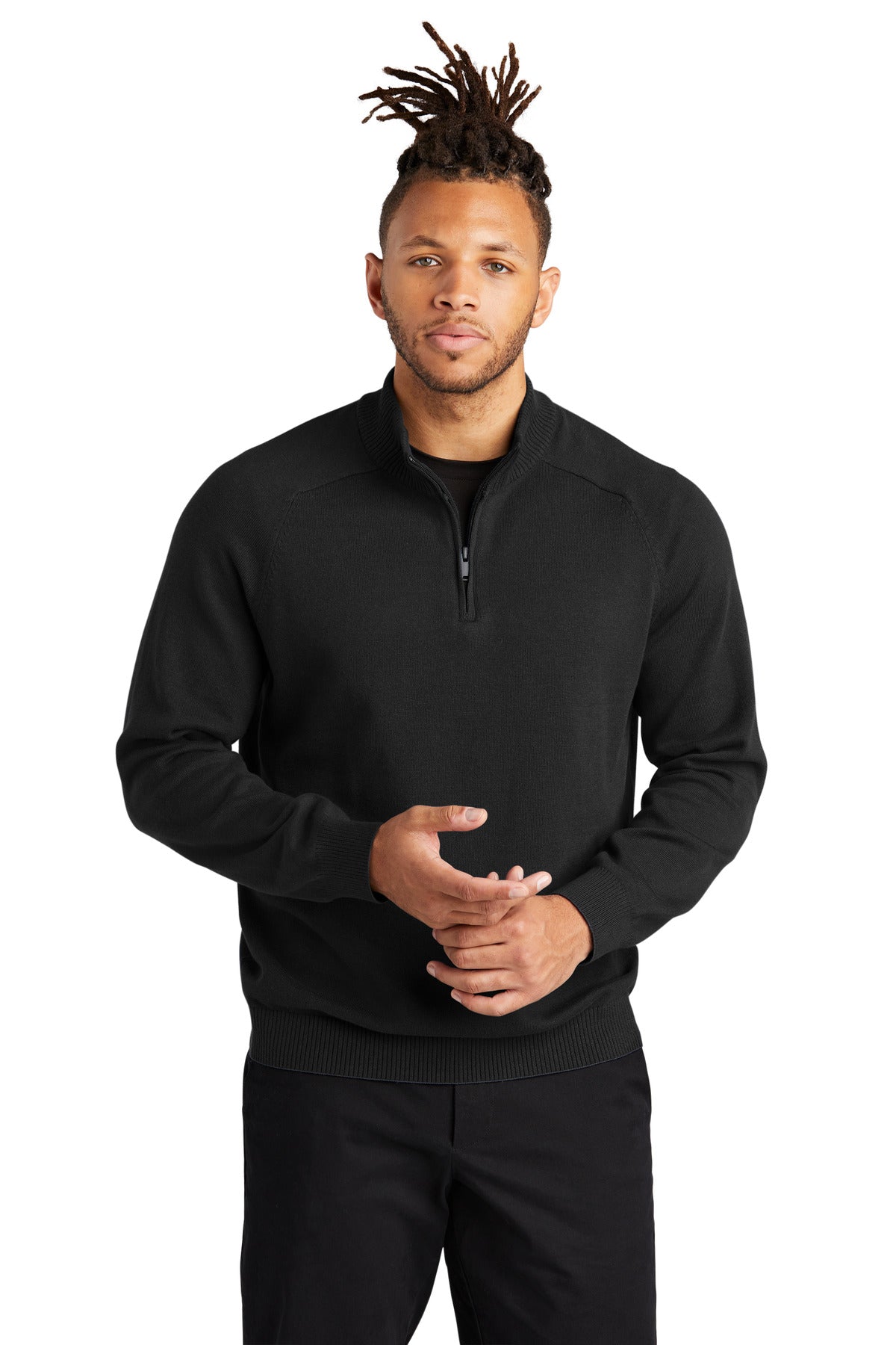 Mercer+Mettle 1/4-Zip Sweater MM3020 in deep black, front view on model, showcasing the stylish 1/4-zip design and comfortable fit.