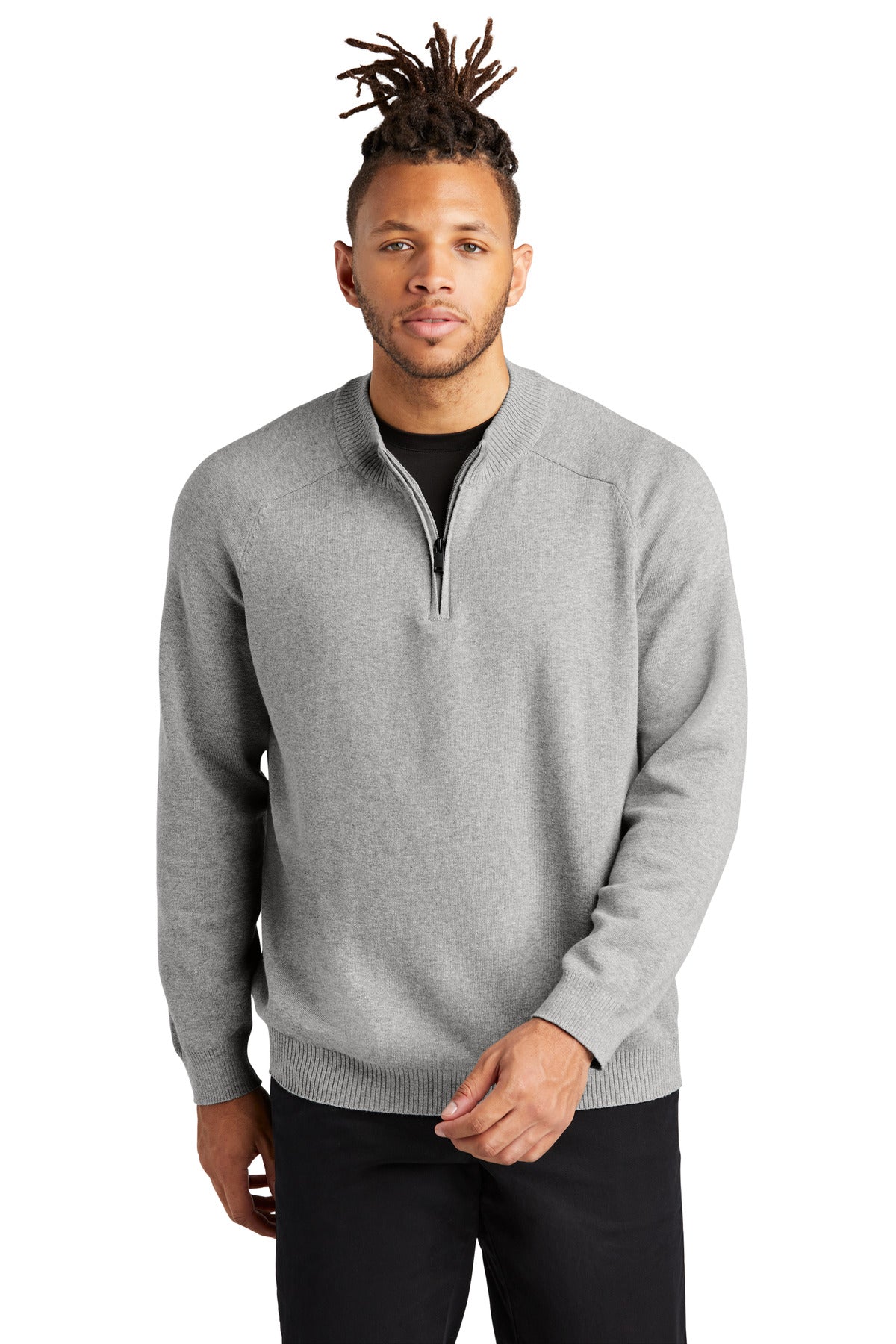 Mercer+Mettle 1/4-Zip Sweater MM3020 in gusty grey heather, front view on model showing collar and zipper detail.