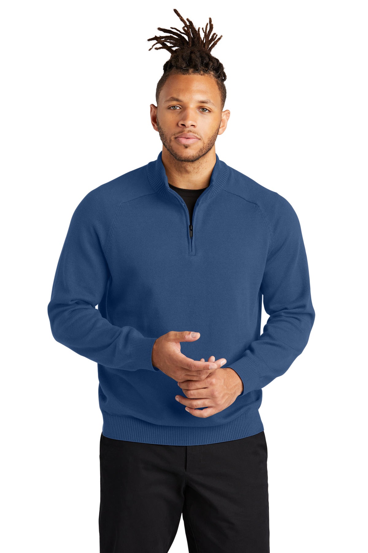 Mercer+Mettle 1/4-Zip Sweater MM3020 in insignia blue, front view worn by a model, showcasing its fit and design details.