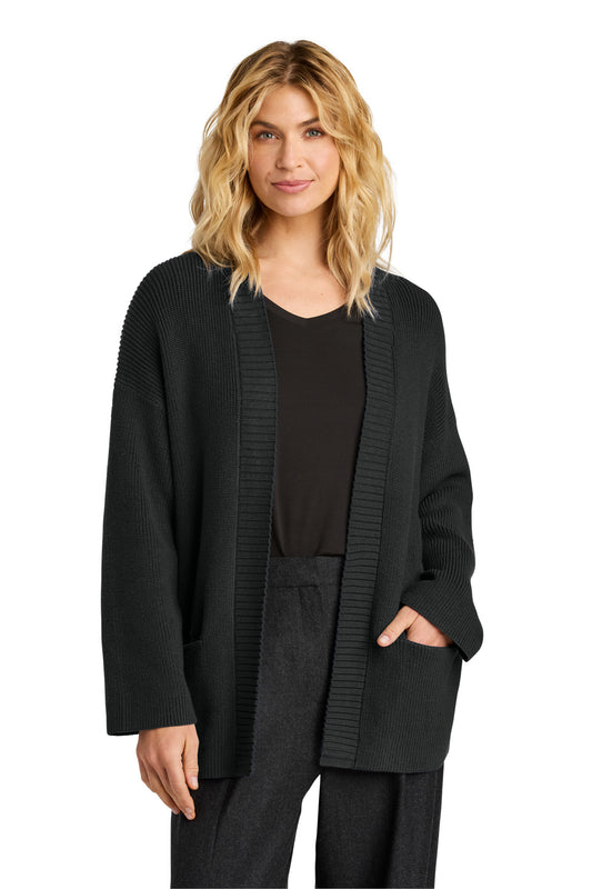 Mercer+Mettle women's open front cardigan in deep black, styled on a model, showcasing a casual, versatile knit sweater.
