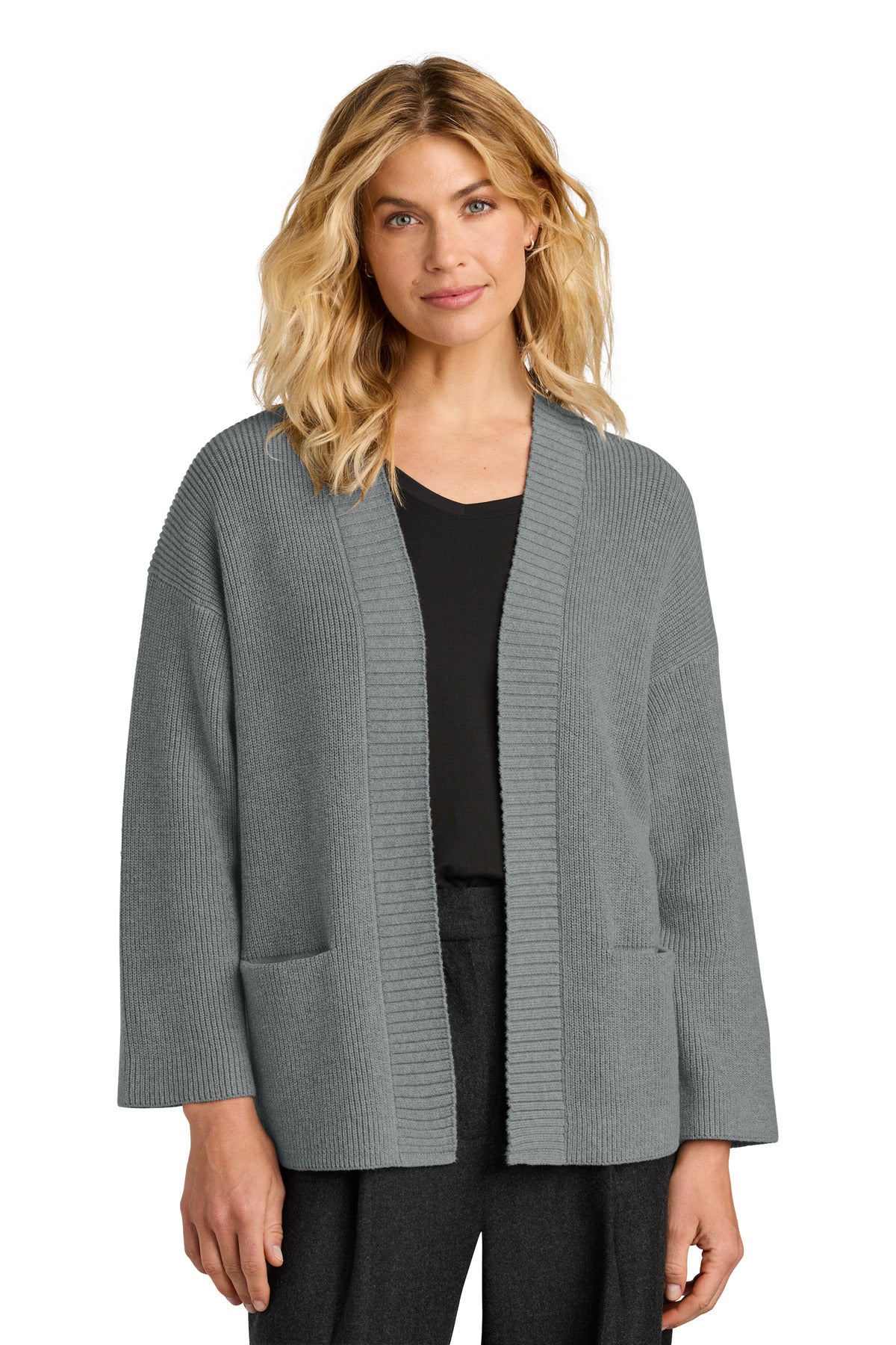 Mercer+Mettle Women's open-front cardigan in gusty grey heather, displayed on a model showing front view.