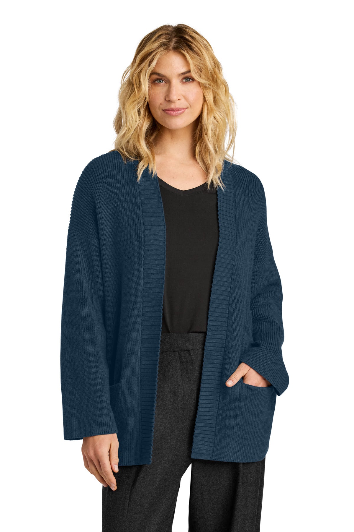 Mercer+Mettle women's open cardigan in insignia blue, front view showing lightweight knit and relaxed fit.