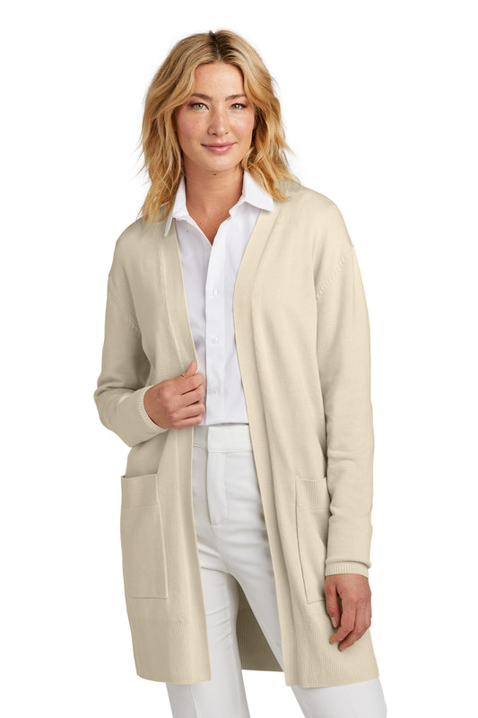 Mercer+Mettle women's open-front cardigan sweater in birch color, worn by a model, featuring a relaxed fit and soft knit fabric.