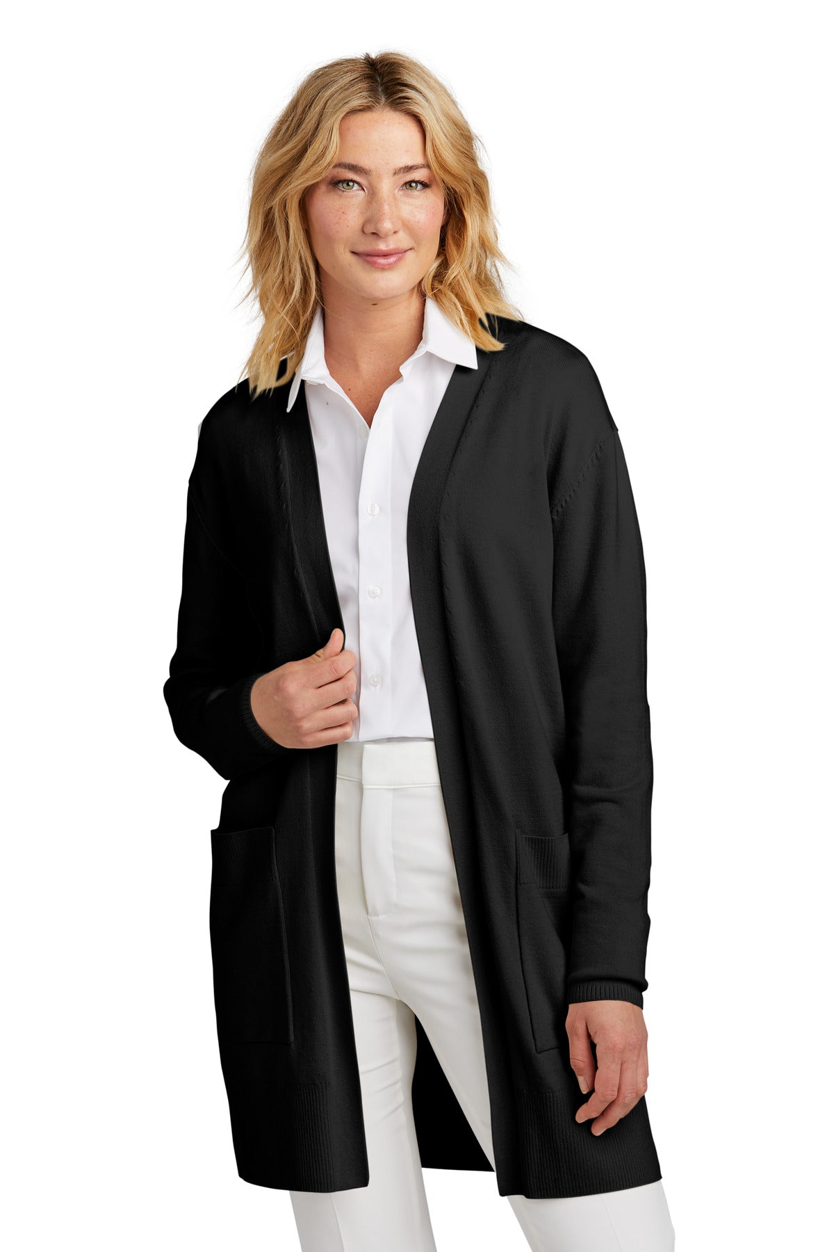 Mercer+Mettle women's open-front cardigan sweater in deep black, worn by a model, showcasing a relaxed fit and soft knit fabric.