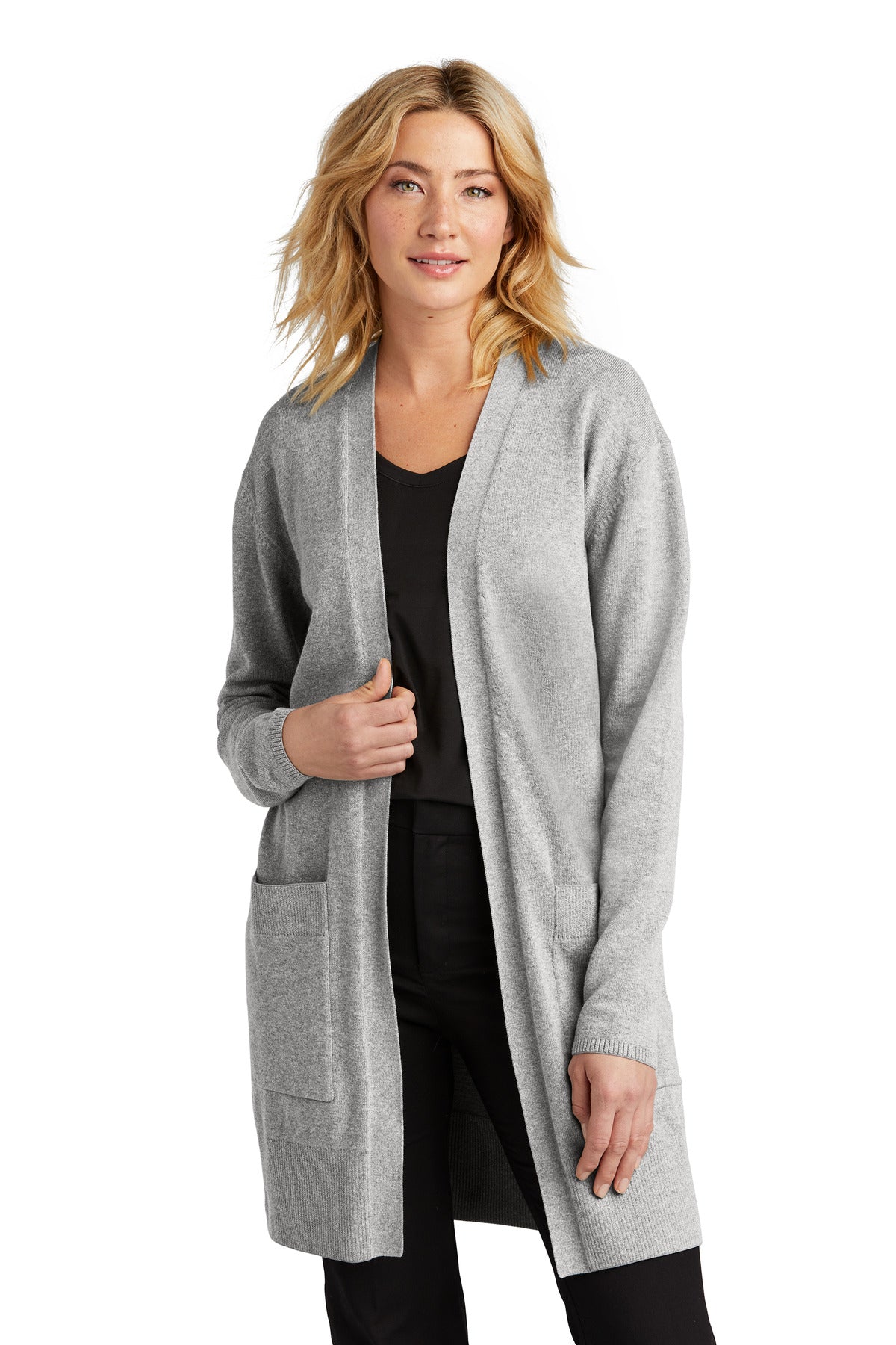 Mercer+Mettle women's open-front cardigan sweater in gusty grey heather, shown on a model from the front view.