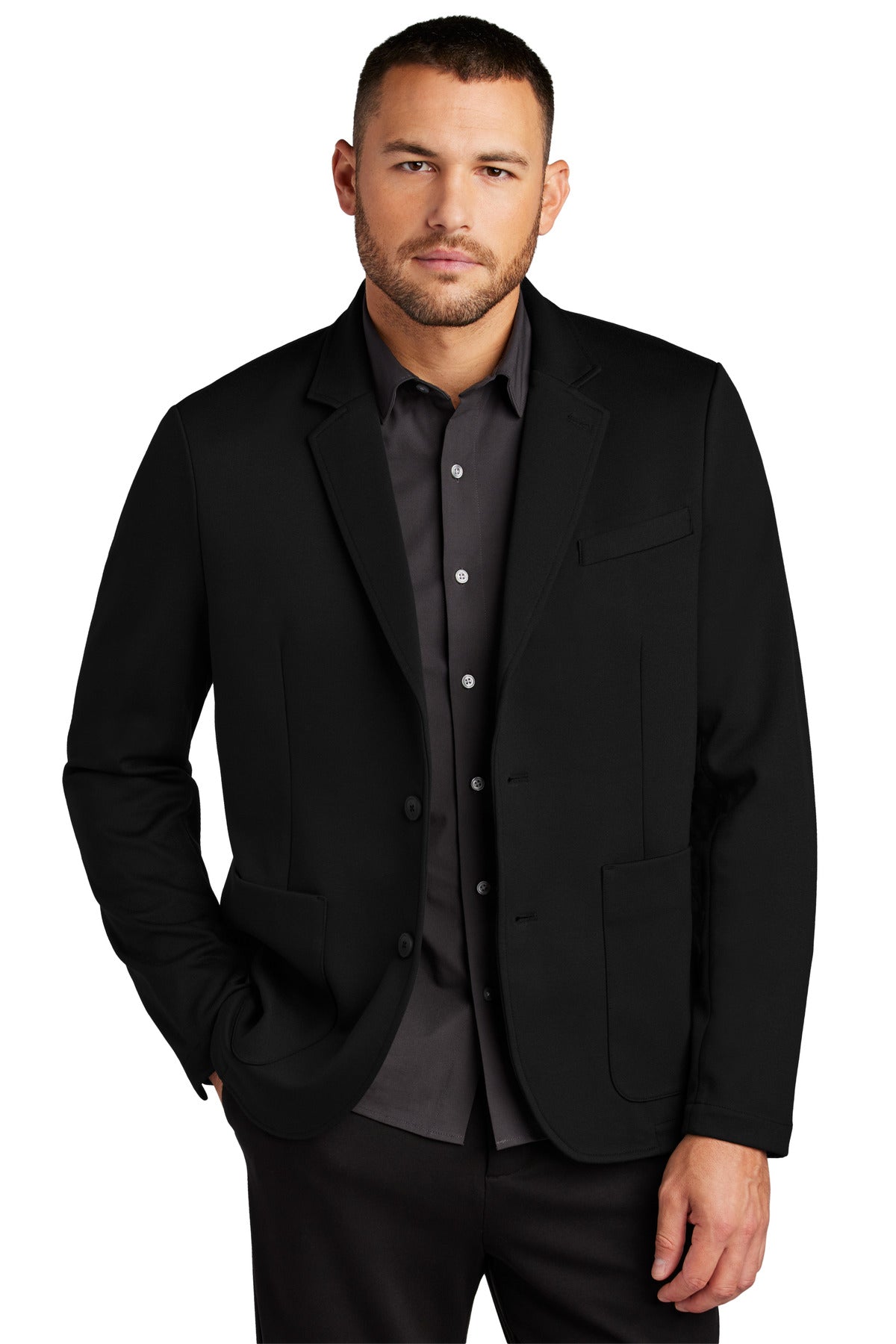 Black Mercer+Mettle Relaxed Knit Blazer MM3030 shown from the front on a model. Stylish, comfortable tailored blazer for versatile wear.