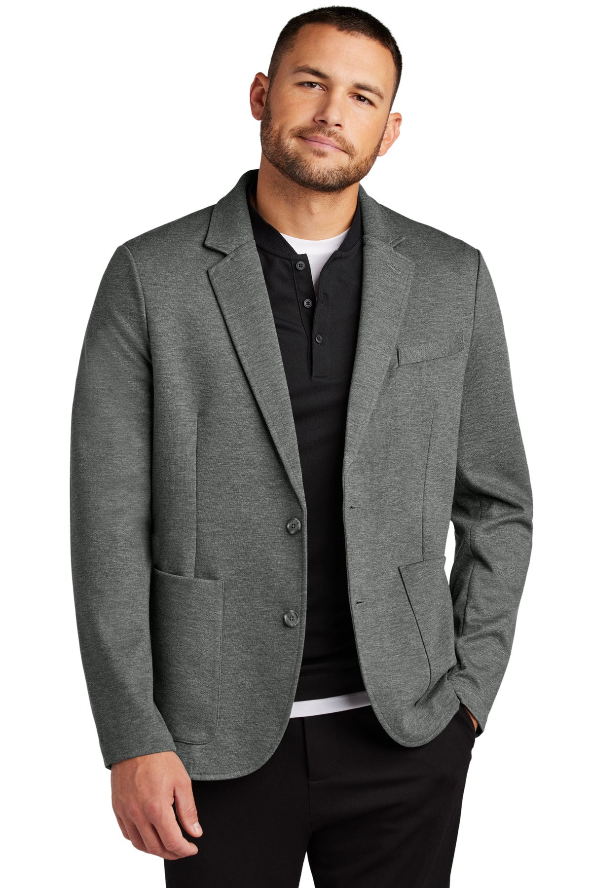 Mercer+Mettle Relaxed Knit Blazer in Storm Grey Heather, front view showing soft, textured fabric and tailored fit.