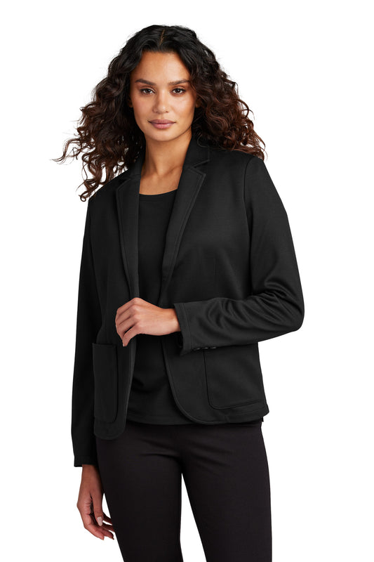 Mercer+Mettle women's relaxed knit blazer in deep black, front view on model showcasing tailored fit and soft fabric.