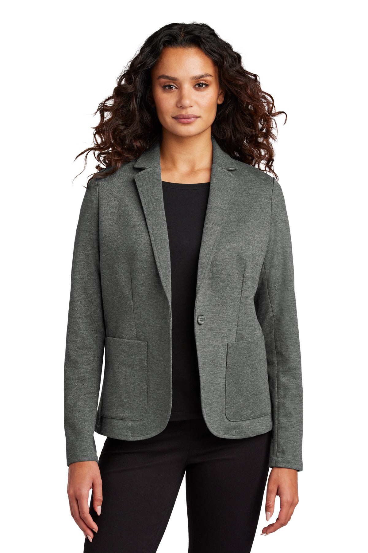 Mercer+Mettle women's relaxed knit blazer in storm grey heather, front view showcasing tailored fit and soft fabric.