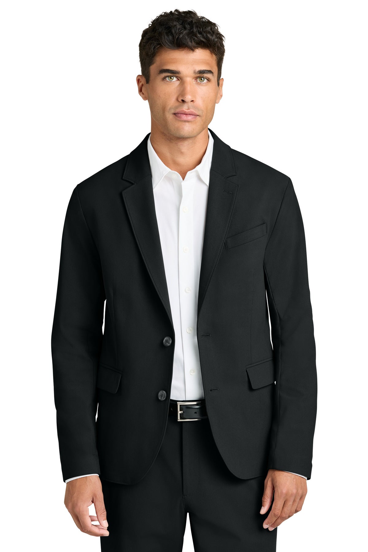 Front view of Mercer+Mettle Capital Tech Blazer in deep black, showcasing its tailored fit and sleek design.
