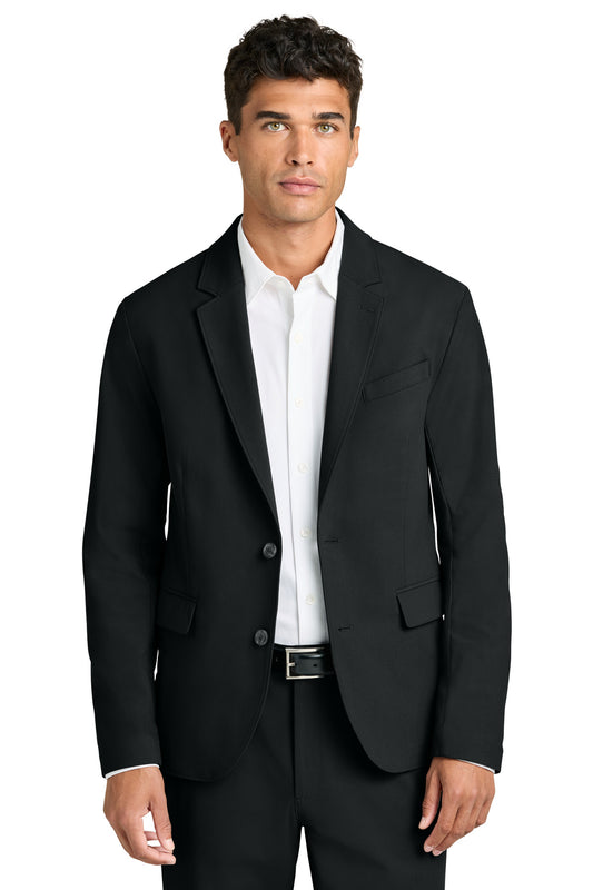Front view of Mercer+Mettle Capital Tech Blazer in deep black, showcasing its tailored fit and sleek design.