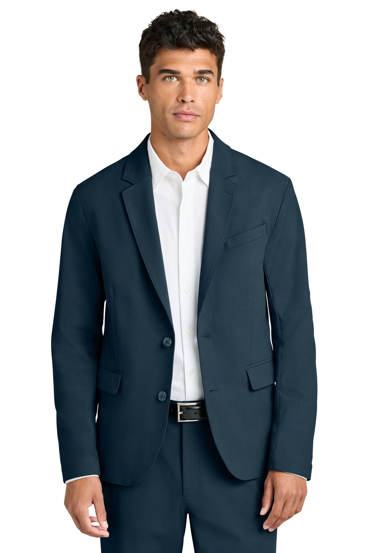 Front view of Mercer+Mettle Capital Tech Blazer MM3032 in night navy, showcasing tailored fit and sleek design.