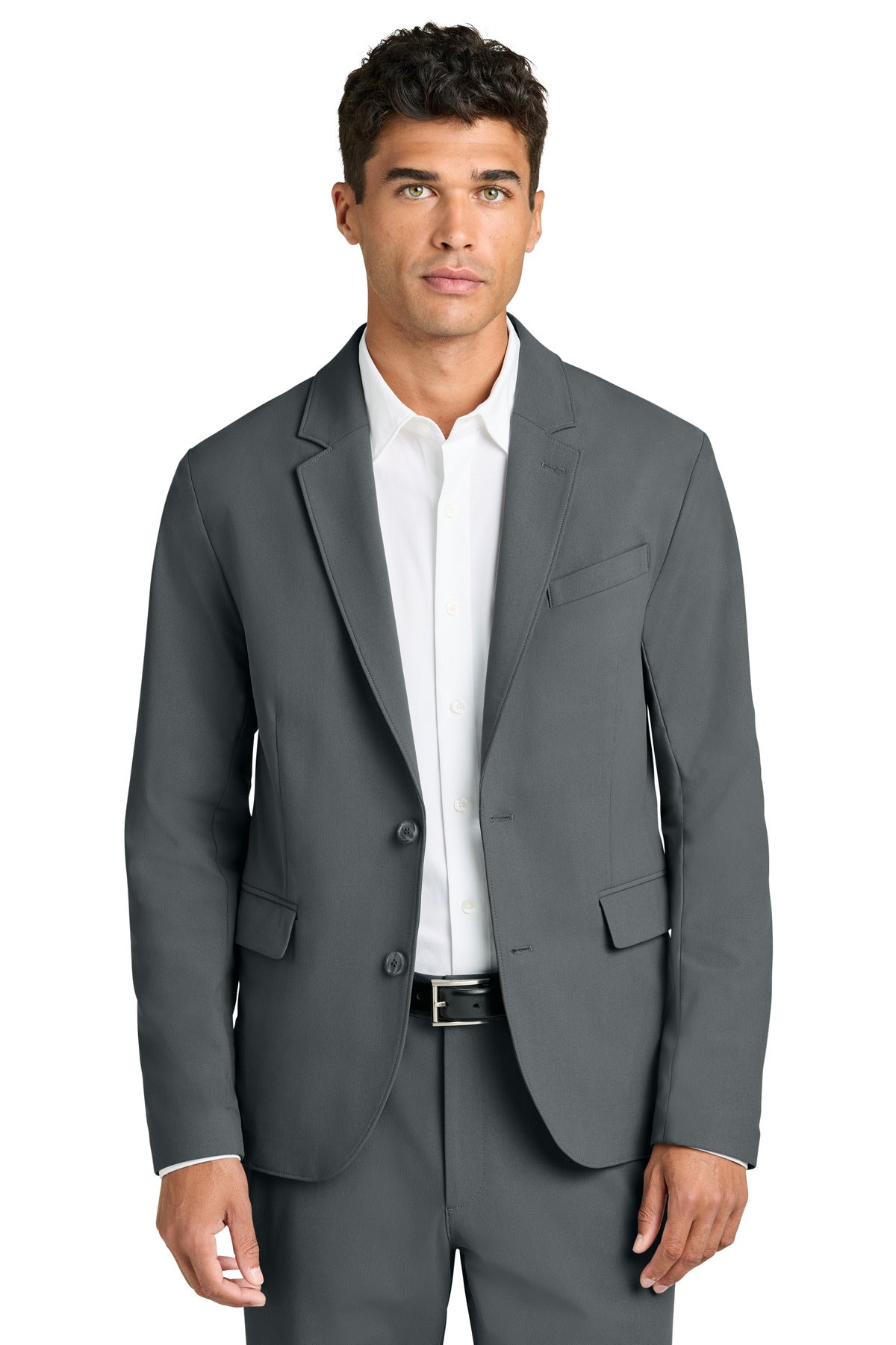 Mercer+Mettle Capital Tech Blazer MM3032 in storm grey, front view on model, showcasing tailored fit and modern design.