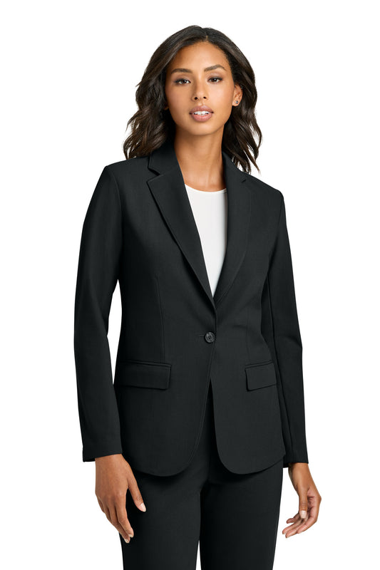 Mercer+Mettle Women's Capital Tech Blazer in deep black, front view showing tailored fit and sleek design.