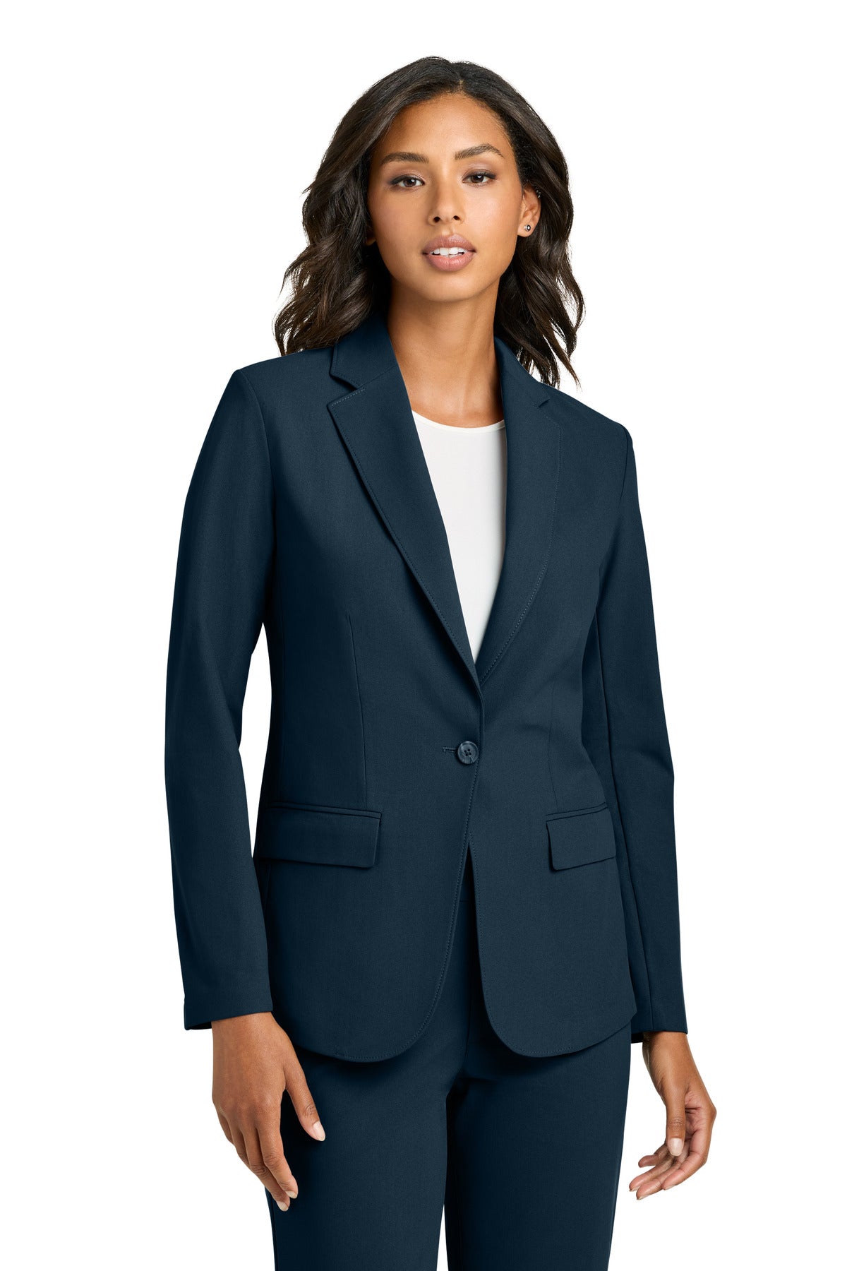 Mercer+Mettle Women's Capital Tech Blazer in night navy, front view on model, tailored fit with sleek lapels and modern style.