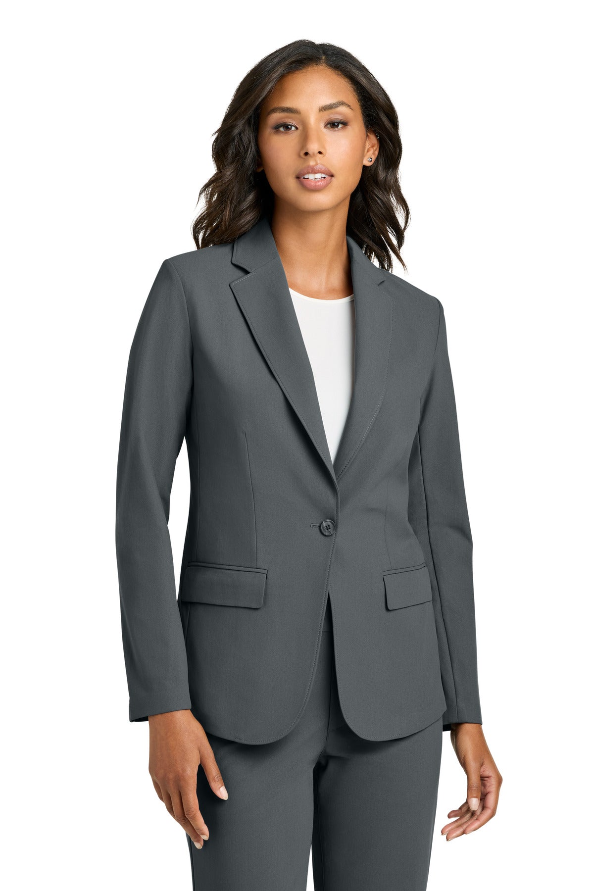 Mercer+Mettle Women's Capital Tech Blazer in storm grey, front view featuring tailored fit and sleek design.