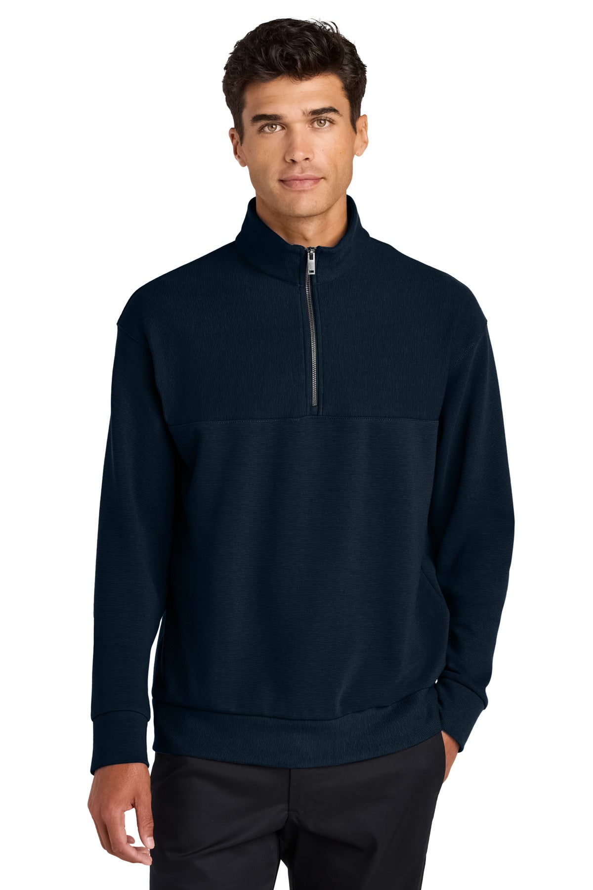 Mercer+Mettle Linear Texture 1/4-Zip MM3040 in night navy, front view showing textured fabric and 1/4 zip closure.