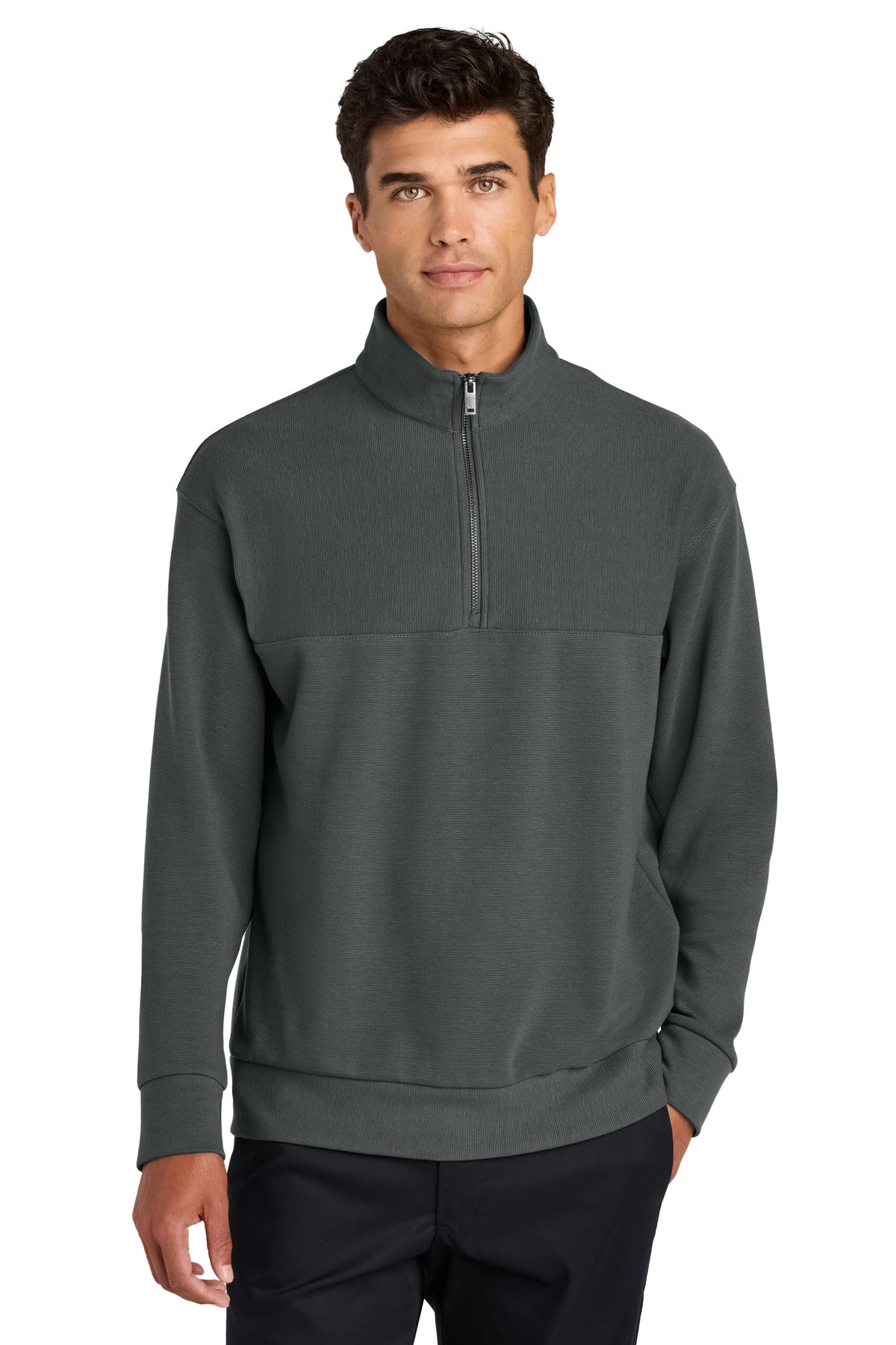 Mercer+Mettle Linear Texture 1/4-Zip MM3040 in storm grey, front view showing textured fabric and quarter-zip neckline.