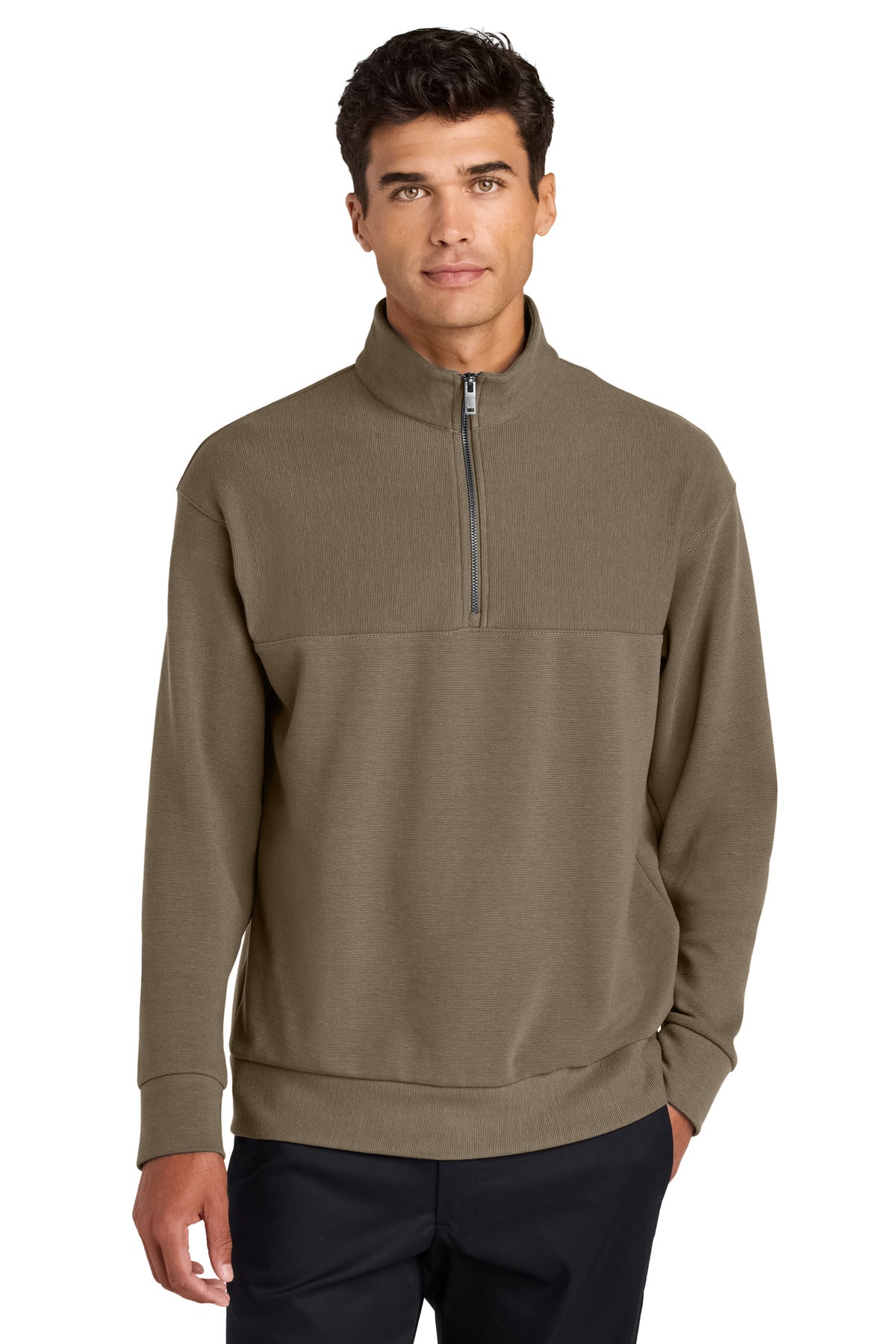 Mercer+Mettle Linear Texture 1/4-Zip MM3040 in warm taupe, front view showing textured fabric and quarter zipper design.