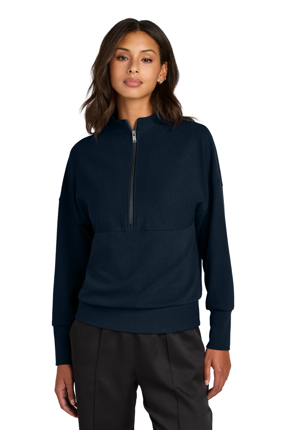 Mercer+Mettle women's Linear Texture 1/4-zip top in night navy, front view on a model showcasing the textured fabric.