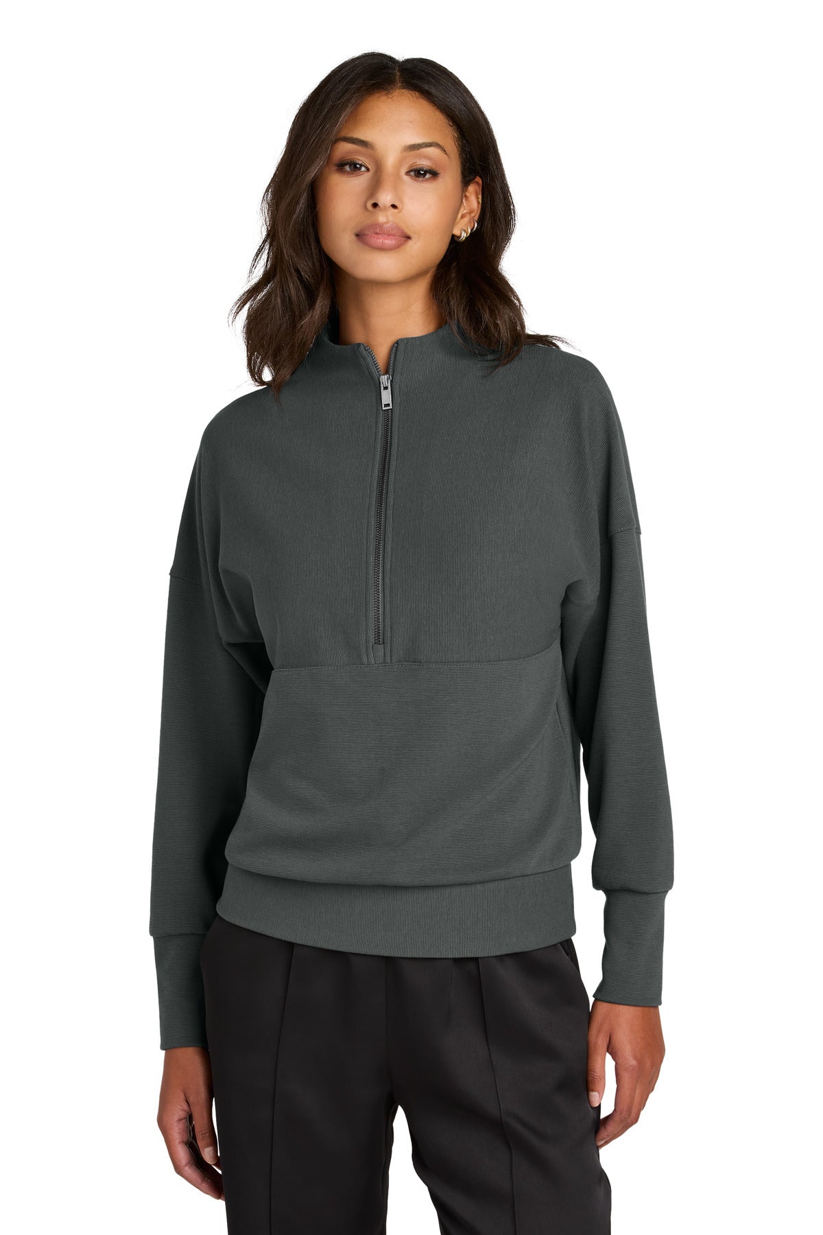 Front view of Mercer+Mettle Women's Linear Texture 1/4-Zip in storm grey, showcasing the stylish textured fabric and quarter-zip design.