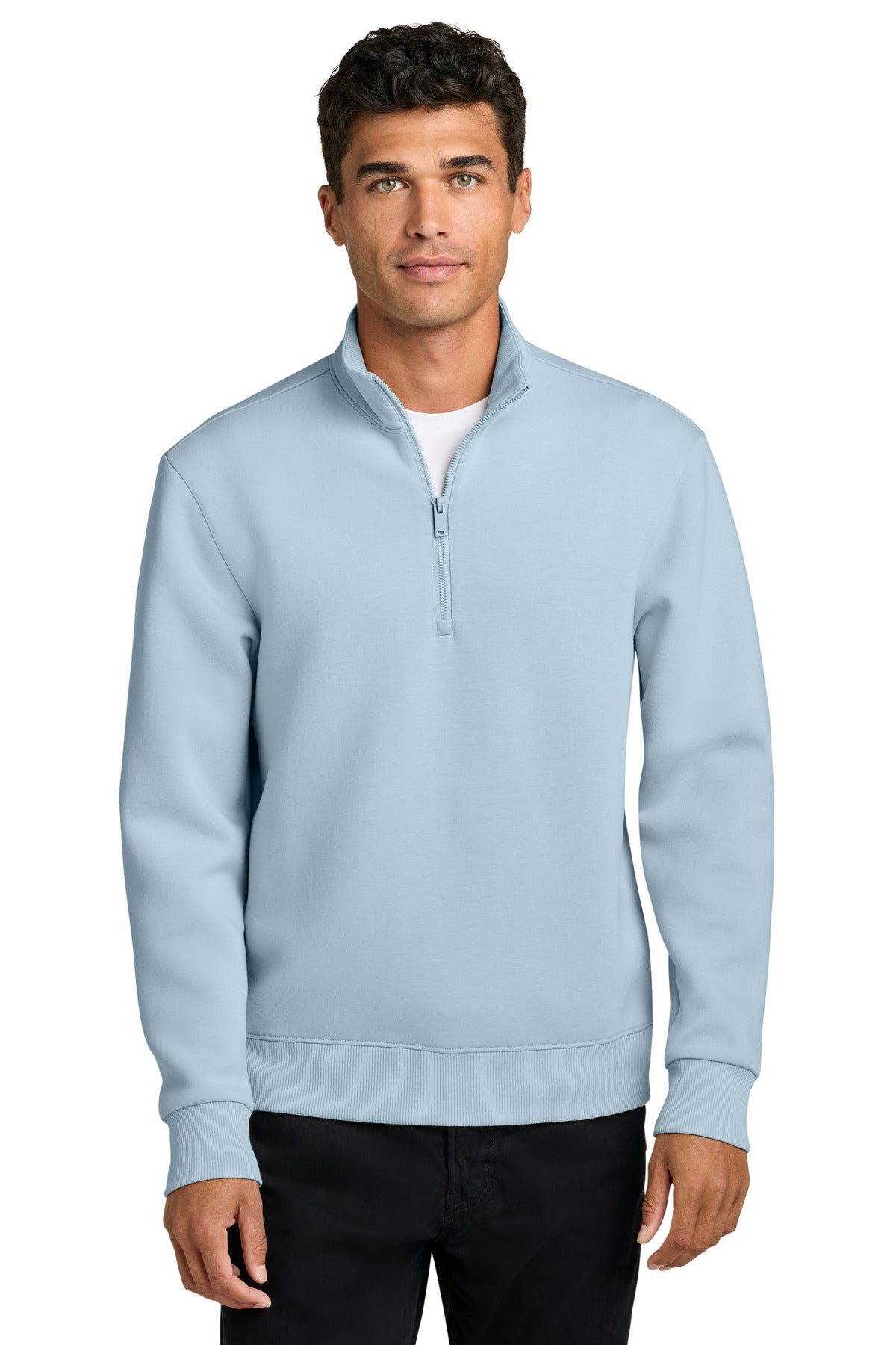 Mercer+Mettle Soft Spacer 1/4-Zip MM3100 in celestial blue, front view on a model showing the lightweight athletic jacket.