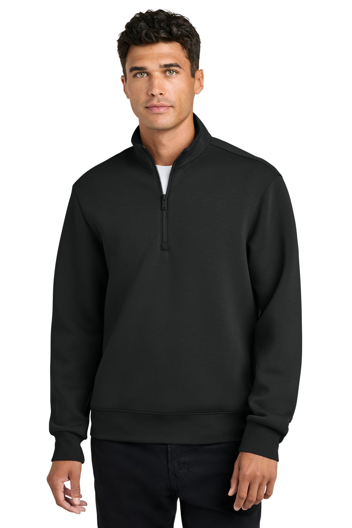 Front view of Mercer+Mettle Soft Spacer 1/4-Zip MM3100 in deep black, featuring a high collar and lightweight athletic design.