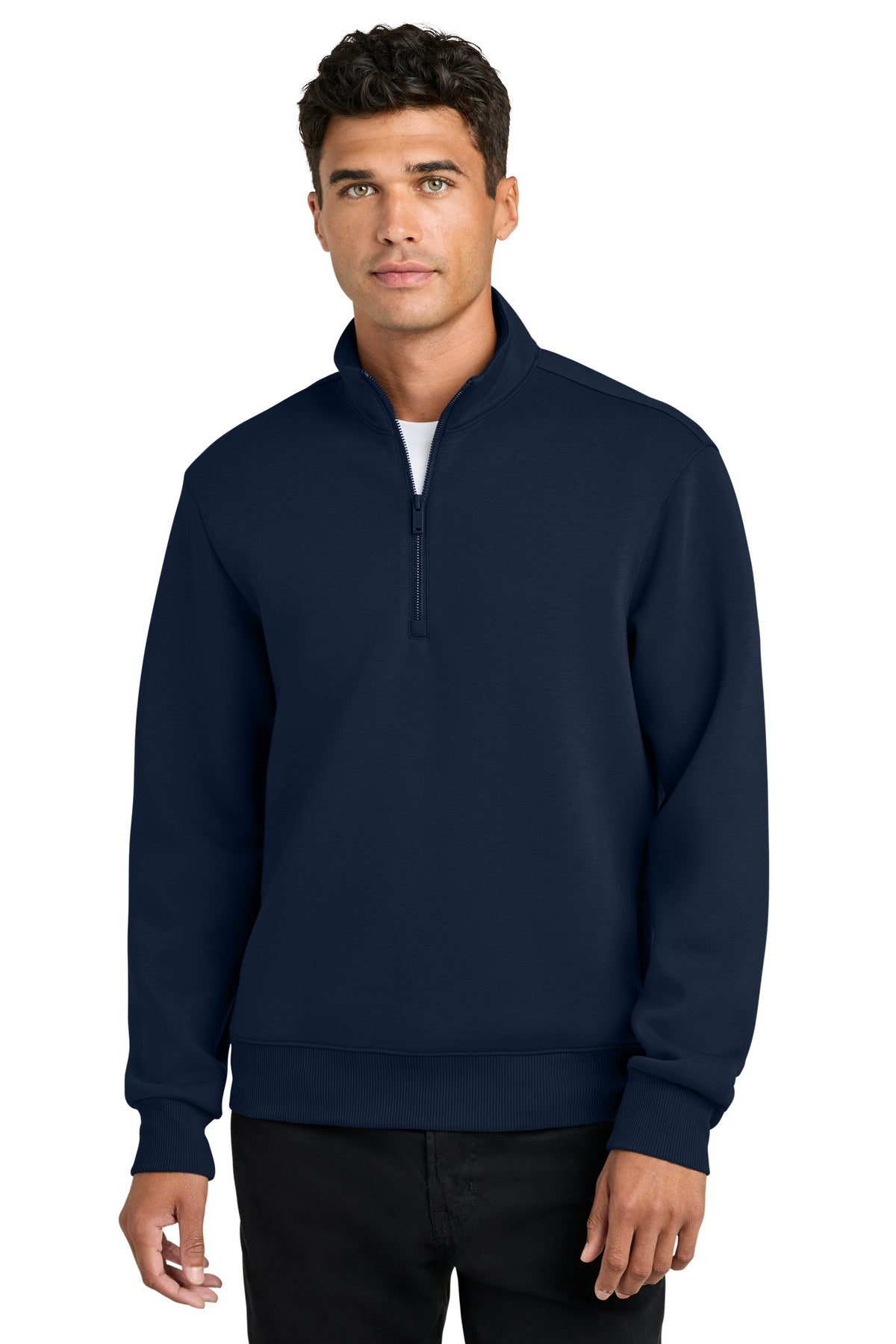 Front view of Mercer+Mettle Soft Spacer 1/4-Zip MM3100 in night navy, shown on a model highlighting the product's fit and fabric.