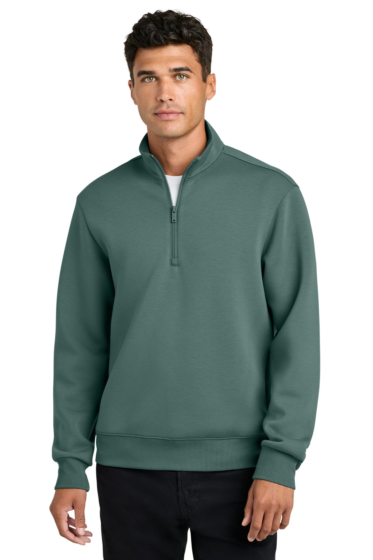 Mercer+Mettle Soft Spacer 1/4-Zip MM3100 in silverpine color worn by a model, front view showcasing the athletic fit and zipper detail.