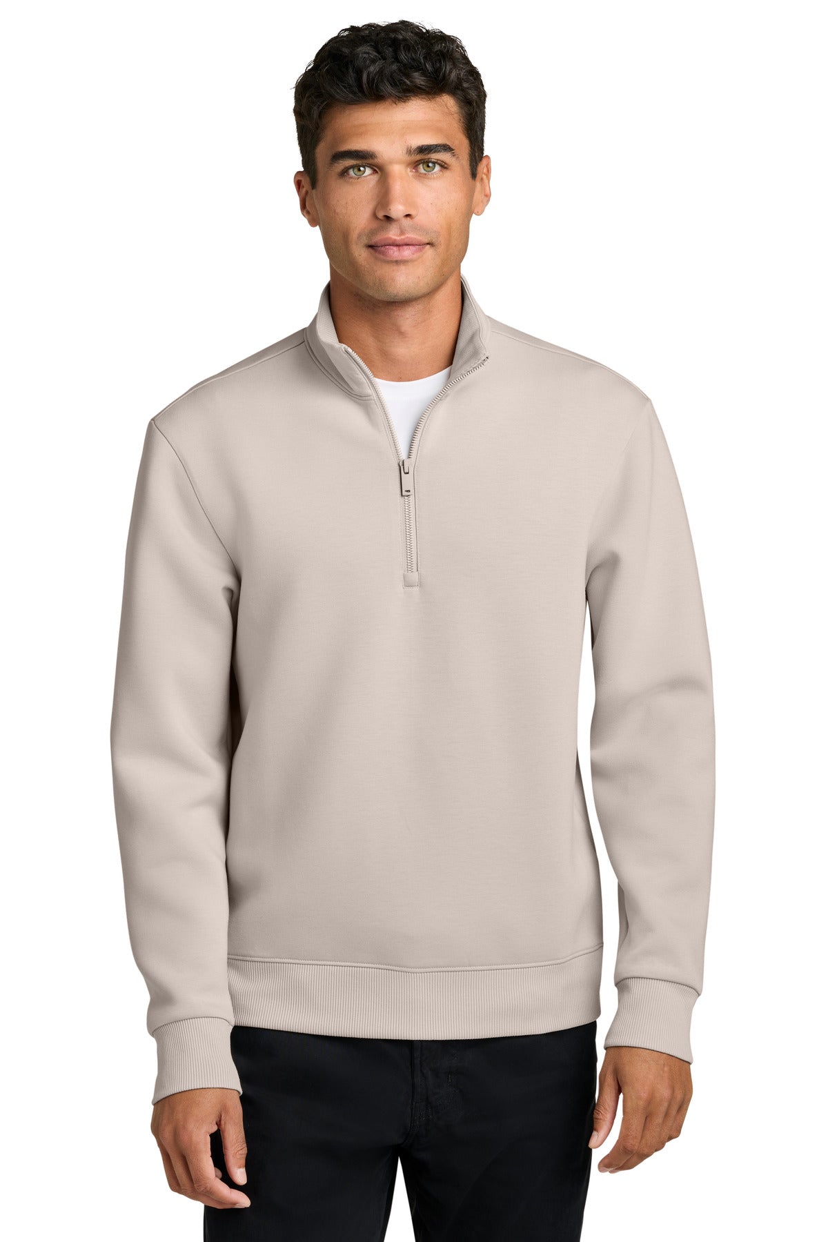 Front view of Mercer+Mettle Soft Spacer 1/4-Zip MM3100 in warm quartz, showcasing the comfortable fit and lightweight fabric.